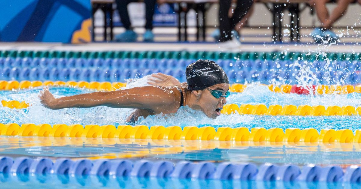 A swimmer in a race swimming the butterfly stroke during a competitive event.